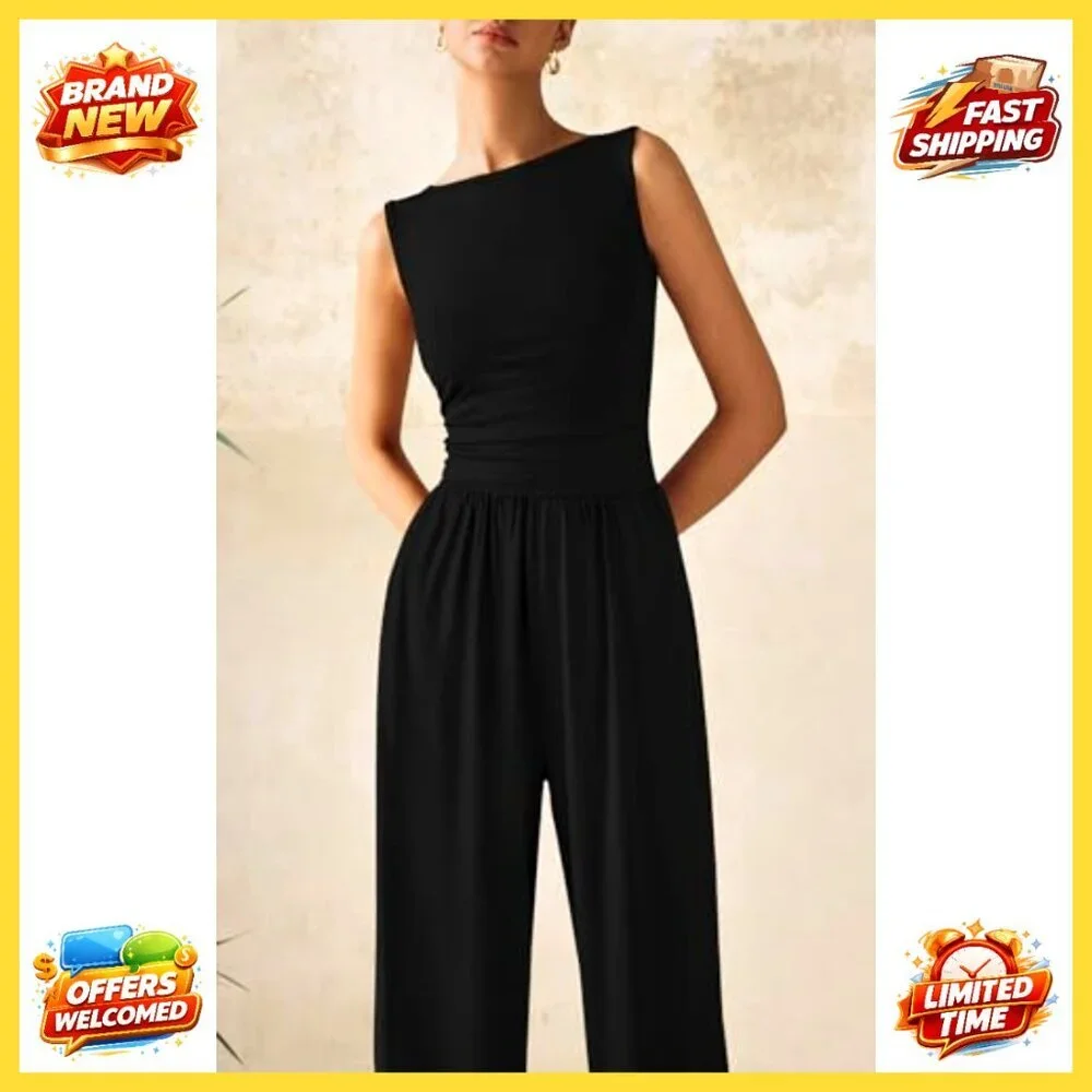Sleeveless Wide Leg Jumpsuit Elegant Chic Casual Summer Romper - Picture 4 of 8